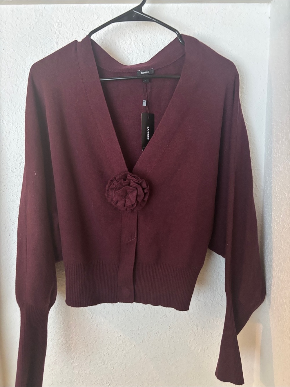 Express Women's Burgundy V-Neck Cardigan with Floral Appliqué